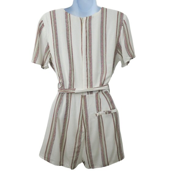 Sadie And Sage Striped Romper Size S Tie Belt Back Zip Lined Deep V Neck - Picture 2 of 16